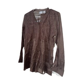 NWT Caribbean Joe Womens Brown V Neck Embroidered Long Sleeve Shirt Cotton S